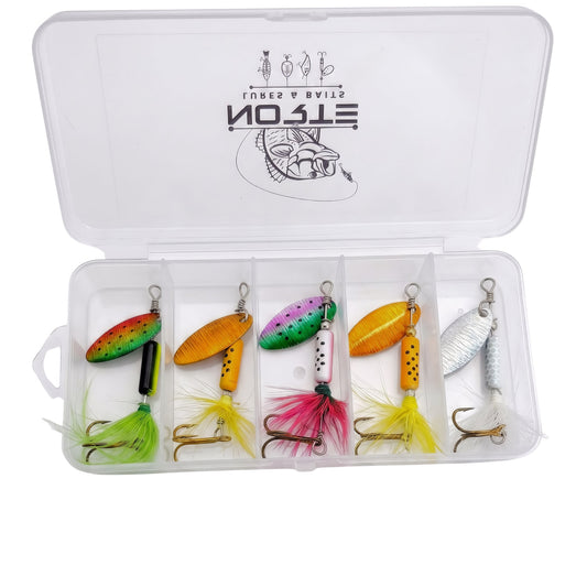 Norte Apex Stream fishing kit featuring five 3.5g technical inline spinners with feathered hooks in a clear, branded Norte plastic tackle organizer.
