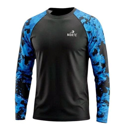 A black long-sleeve performance sun shirt with vibrant blue and black camouflage raglan sleeves, featuring a small white Norte logo on the center chest, displayed on a clean white background.