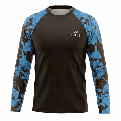 Men's long sleeve technical fishing rash guard featuring a solid black body with blue and black water-pattern camouflage raglan sleeves and a white Norte wave logo on the chest.