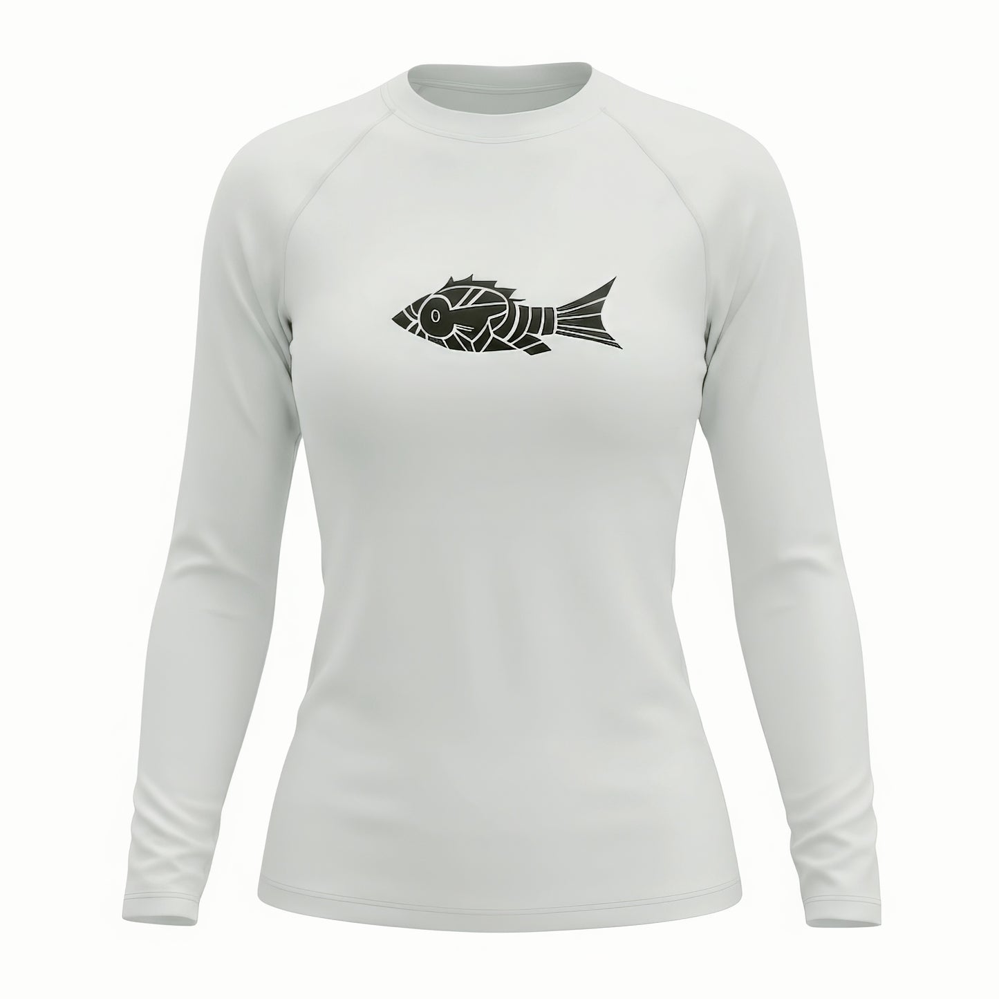 Women's Arctic White long sleeve technical fishing rash guard featuring a black geometric fish graphic on the chest, designed for sun protection and performance.