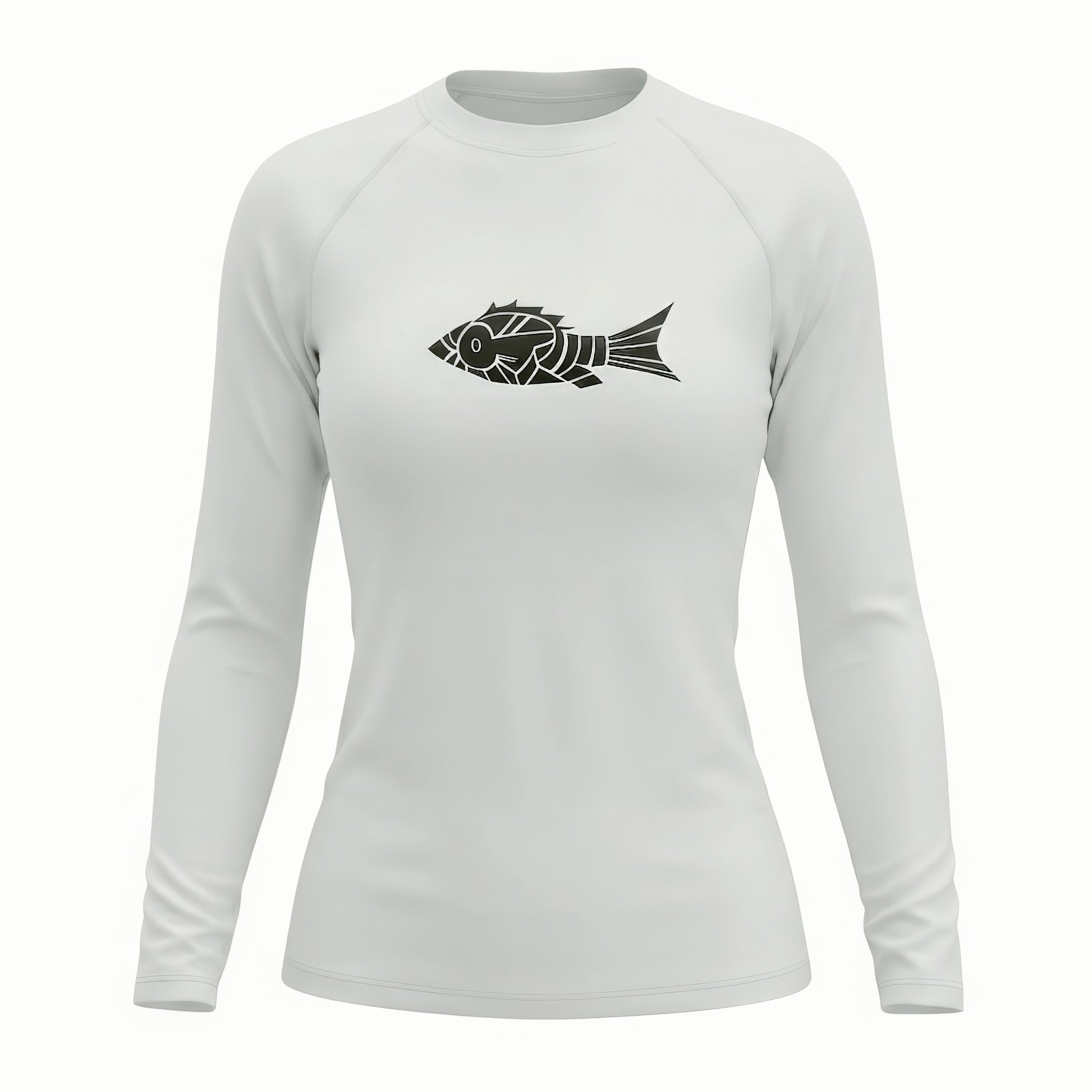 Women's Arctic White long sleeve technical fishing rash guard featuring a black geometric fish graphic on the chest, designed for sun protection and performance.