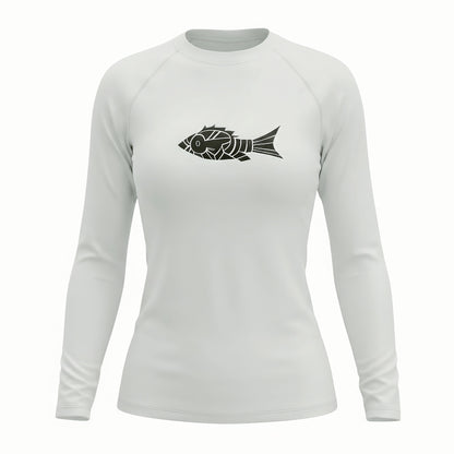 Women's Arctic White long sleeve technical fishing rash guard featuring a black geometric fish graphic on the chest, designed for sun protection and performance.