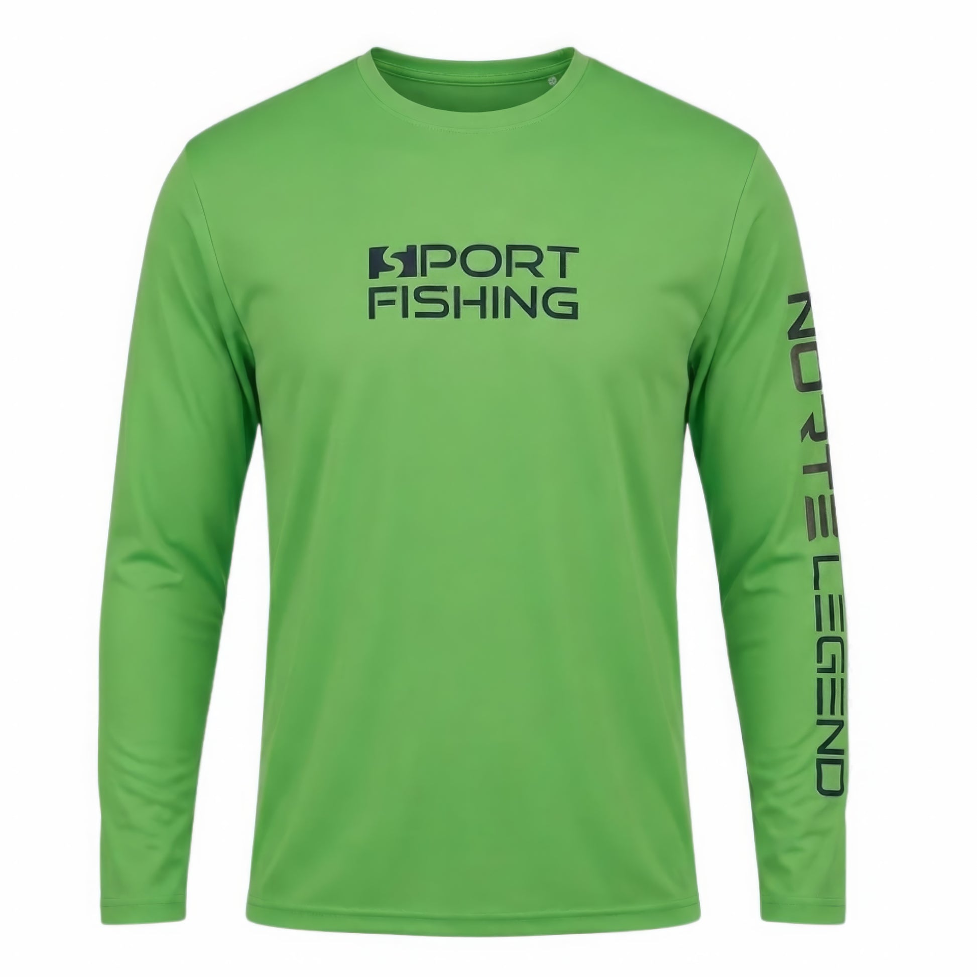 Norte Legend lime green long sleeve performance fishing shirt with Sport Fishing chest graphic and sleeve typography.