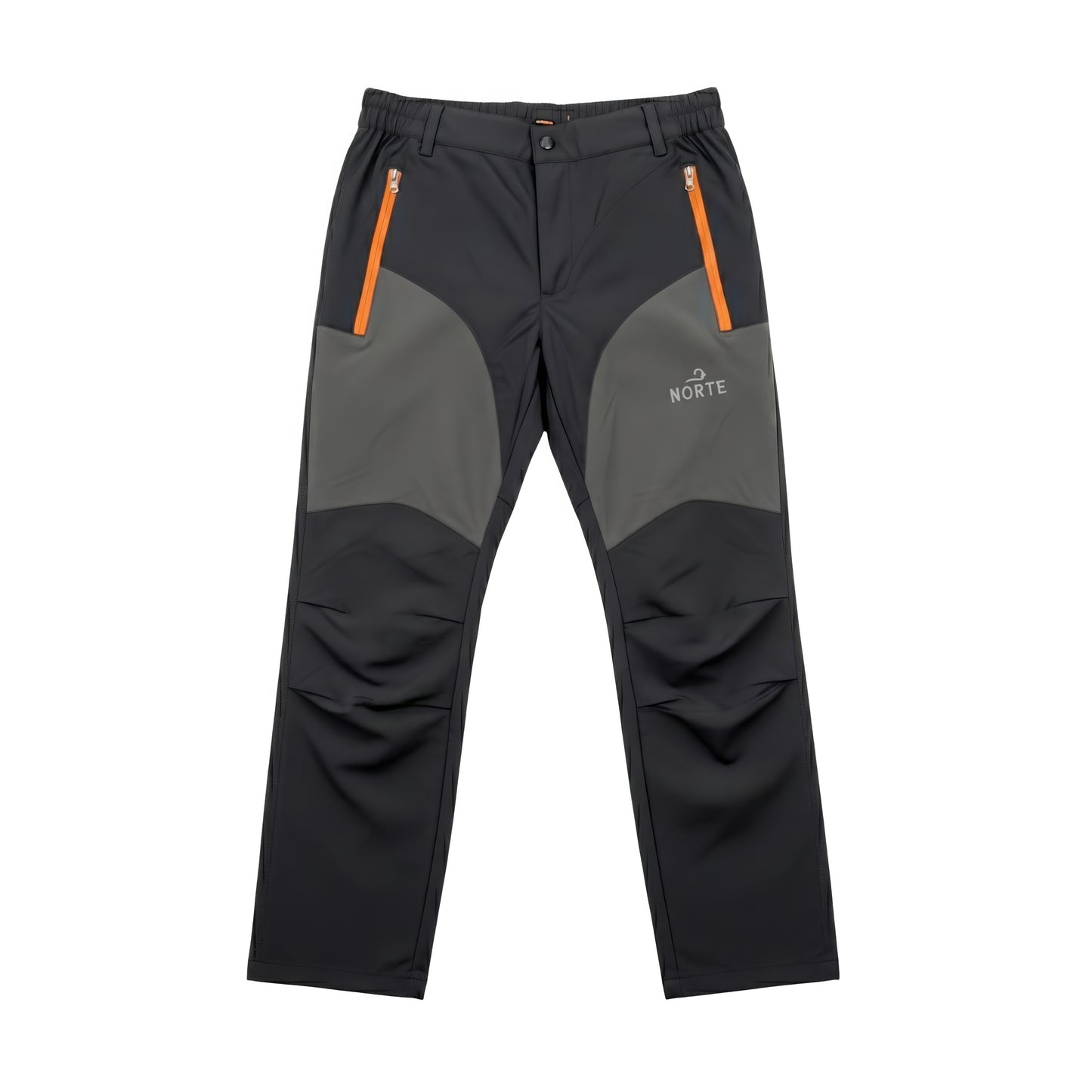 Norte Men's Performance Hiking Pants in Slate Black with Gray Knee Panels and Orange Zippers