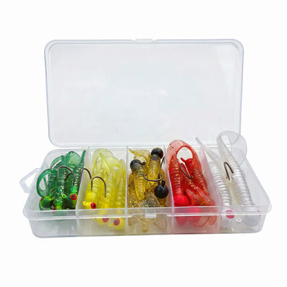 Norte Outdoors clear plastic organizer filled with assorted curly-tail soft plastic grubs and matching jig heads in vibrant green, yellow, amber, red, and white.