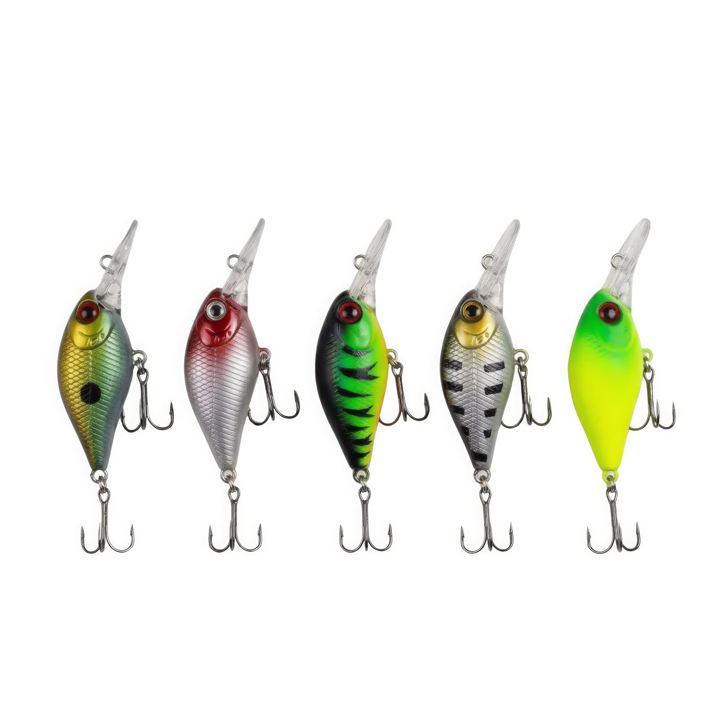 Five assorted Norte Outdoors deep-diving crankbait lures with long clear diving bills, realistic 3D eyes, and dual treble hooks in various baitfish and attractor patterns.