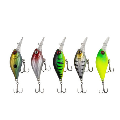 Five assorted Norte Outdoors deep-diving crankbait lures with long clear diving bills, realistic 3D eyes, and dual treble hooks in various baitfish and attractor patterns.