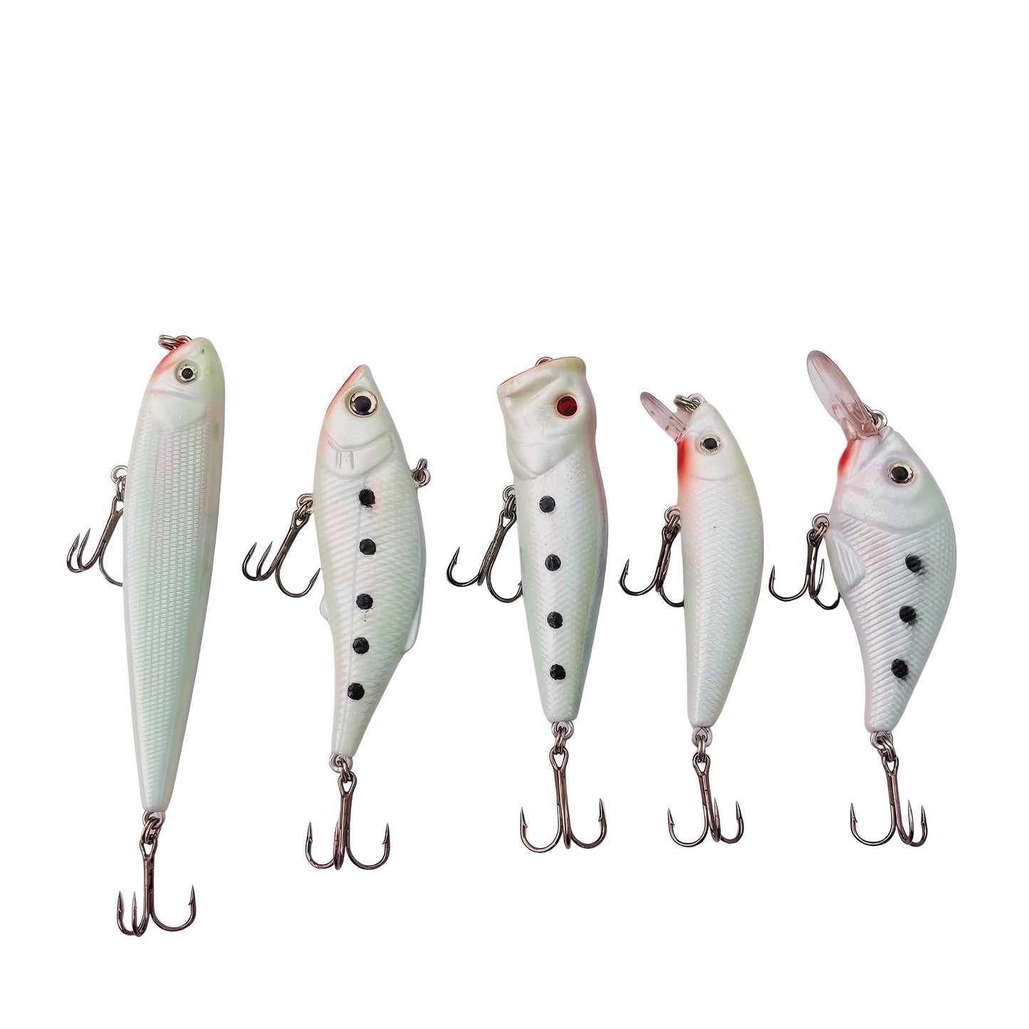 Set of five Norte Outdoors fishing lures in a "Ghost" white and black-dot pattern, including a walking bait, a popper, and three different diving crankbaits with treble hooks.