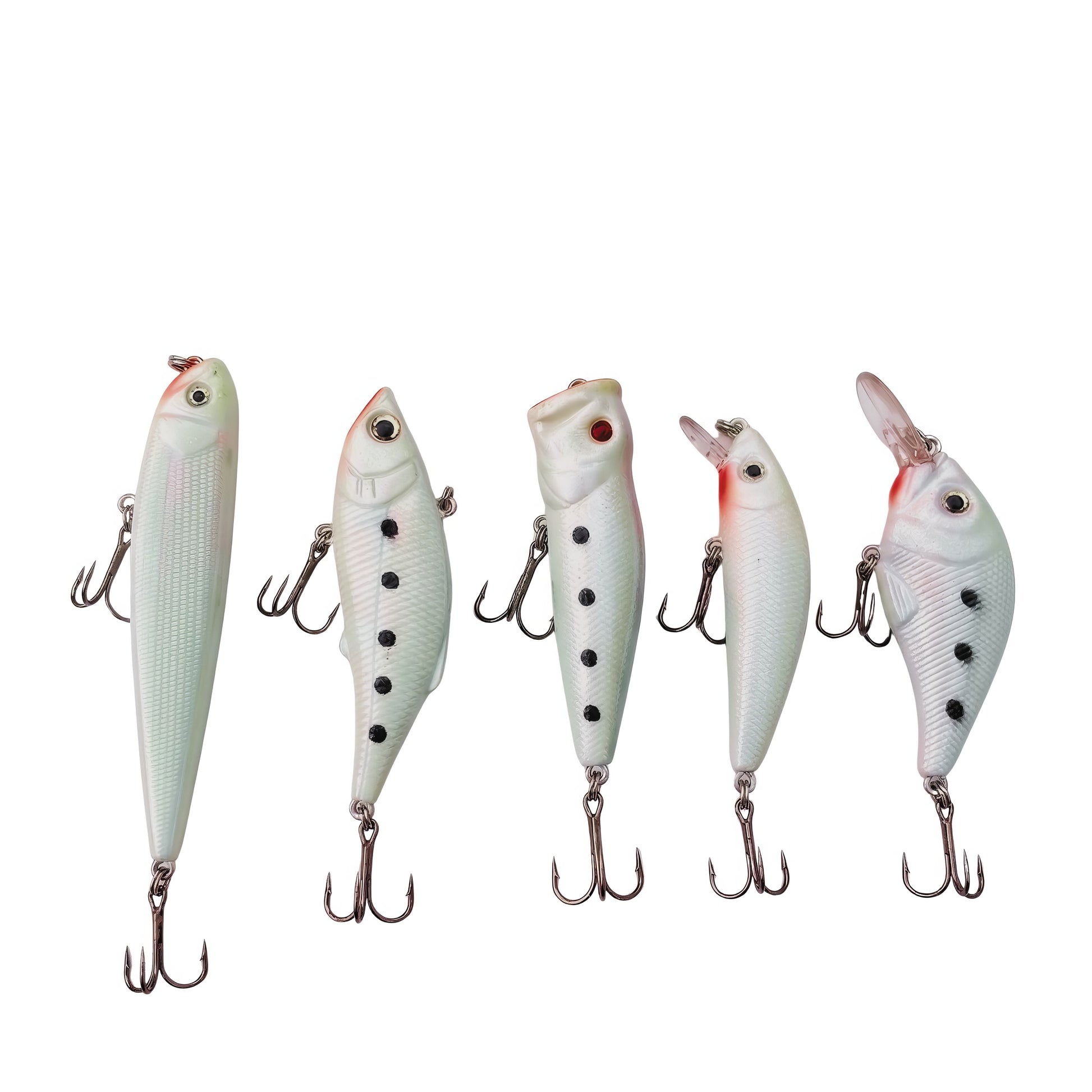 Set of five Norte Outdoors fishing lures in a "Ghost" white and black-dot pattern, including a walking bait, a popper, and three different diving crankbaits with treble hooks.