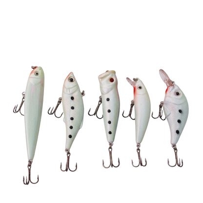Set of five Norte Outdoors fishing lures in a "Ghost" white and black-dot pattern, including a walking bait, a popper, and three different diving crankbaits with treble hooks.