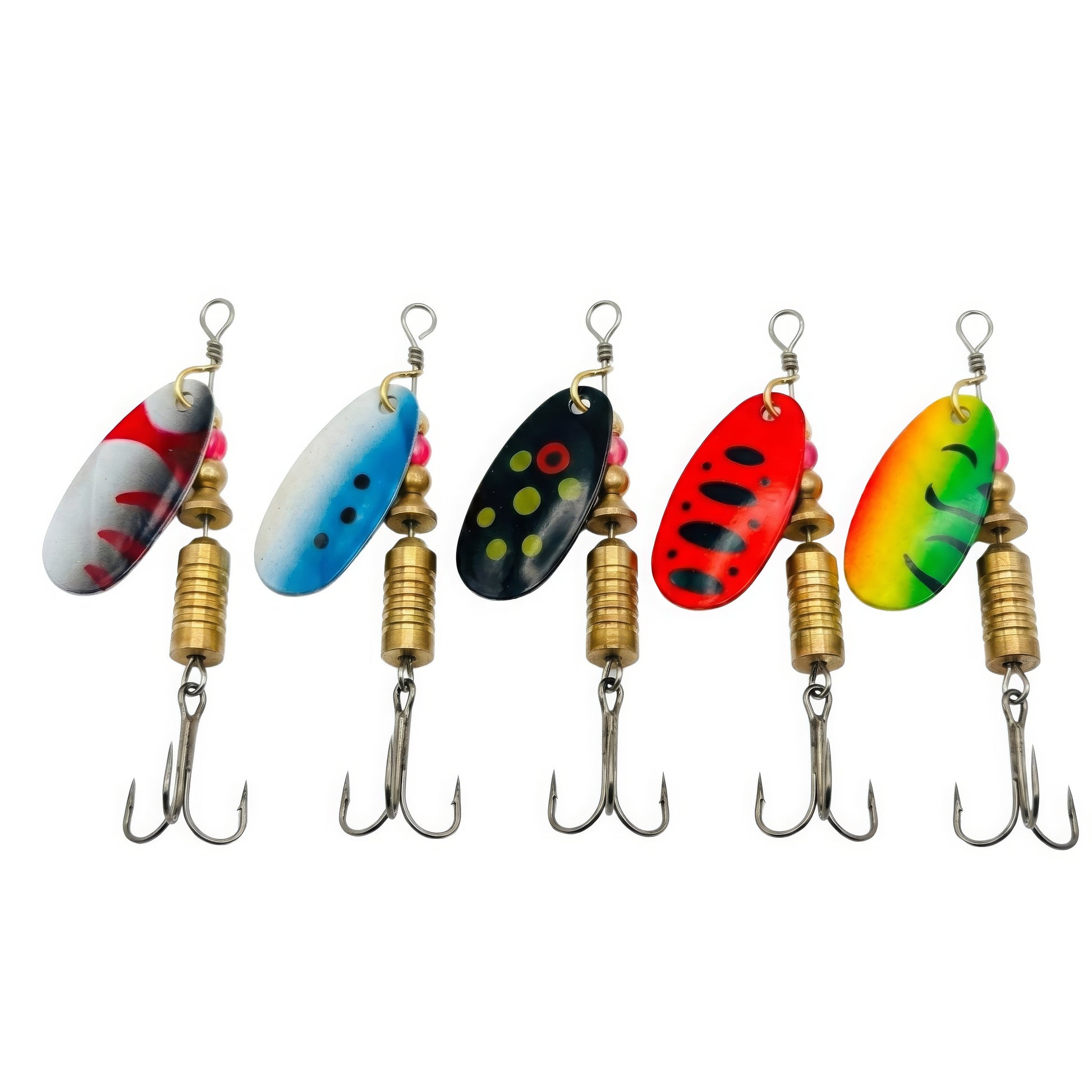 Five assorted inline spinner fishing lures with vibrant patterned blades, gold-weighted bodies, and treble hooks, designed for trout, perch, and walleye fishing.