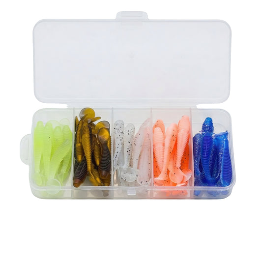 Norte Outdoors clear tackle organizer filled with assorted paddle-tail soft plastic swimbaits in neon lime, motor oil, white sparkle, pink, and electric blue colors.