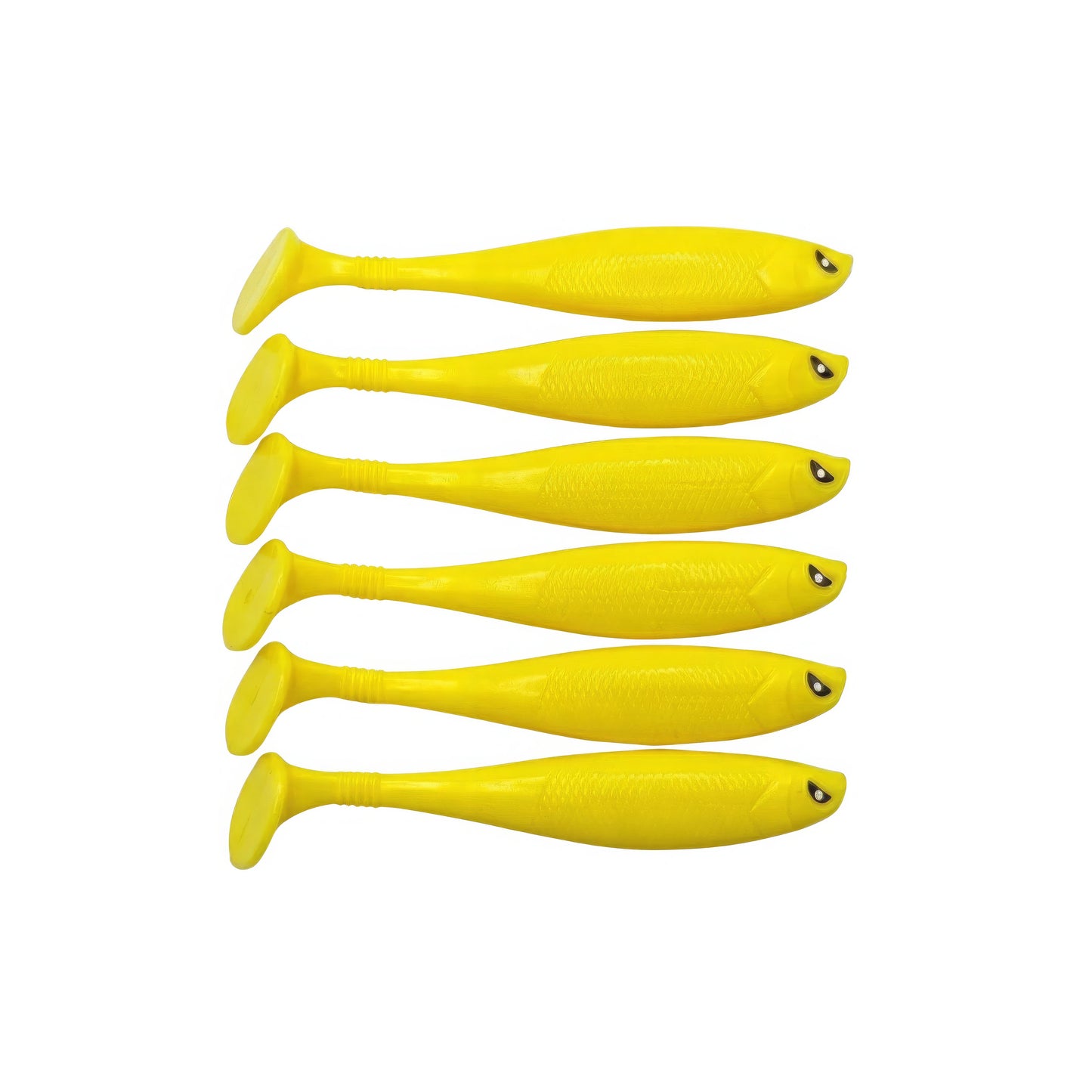 Six Norte Outdoors soft plastic paddle-tail swimbaits in neon yellow, featuring realistic eyes and a ribbed tail section for high-vibration underwater action.