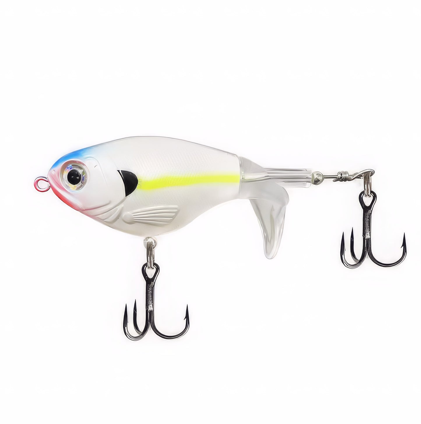 Norte Outdoors topwater plopper fishing lure featuring a white body with a blue back and a neon yellow lateral line, clear rotating prop tail, and dual treble hooks.