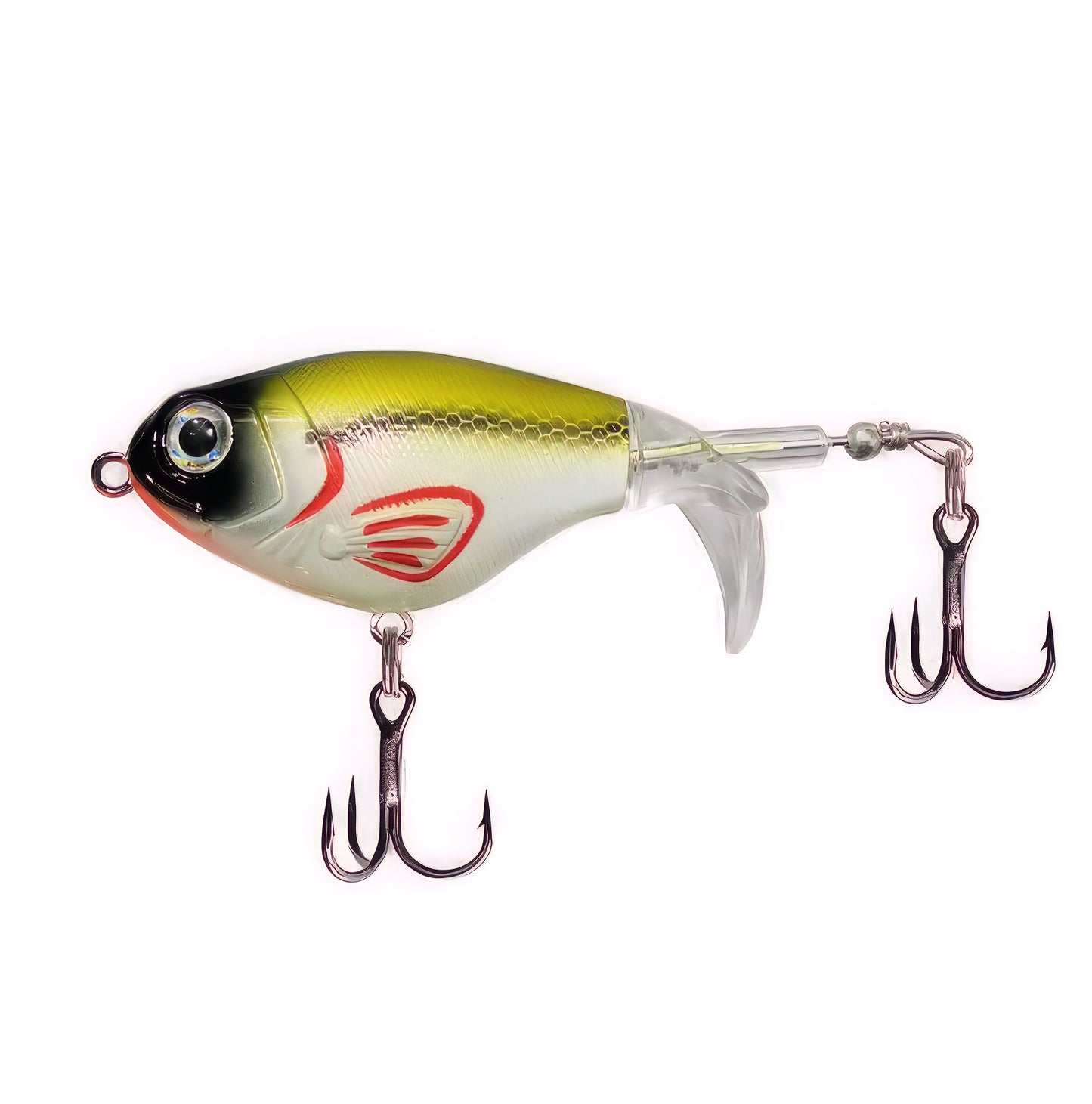 Single Norte Outdoors topwater plopper fishing lure featuring a chartreuse and white shad pattern, a clear rotating prop tail, and dual treble hooks.