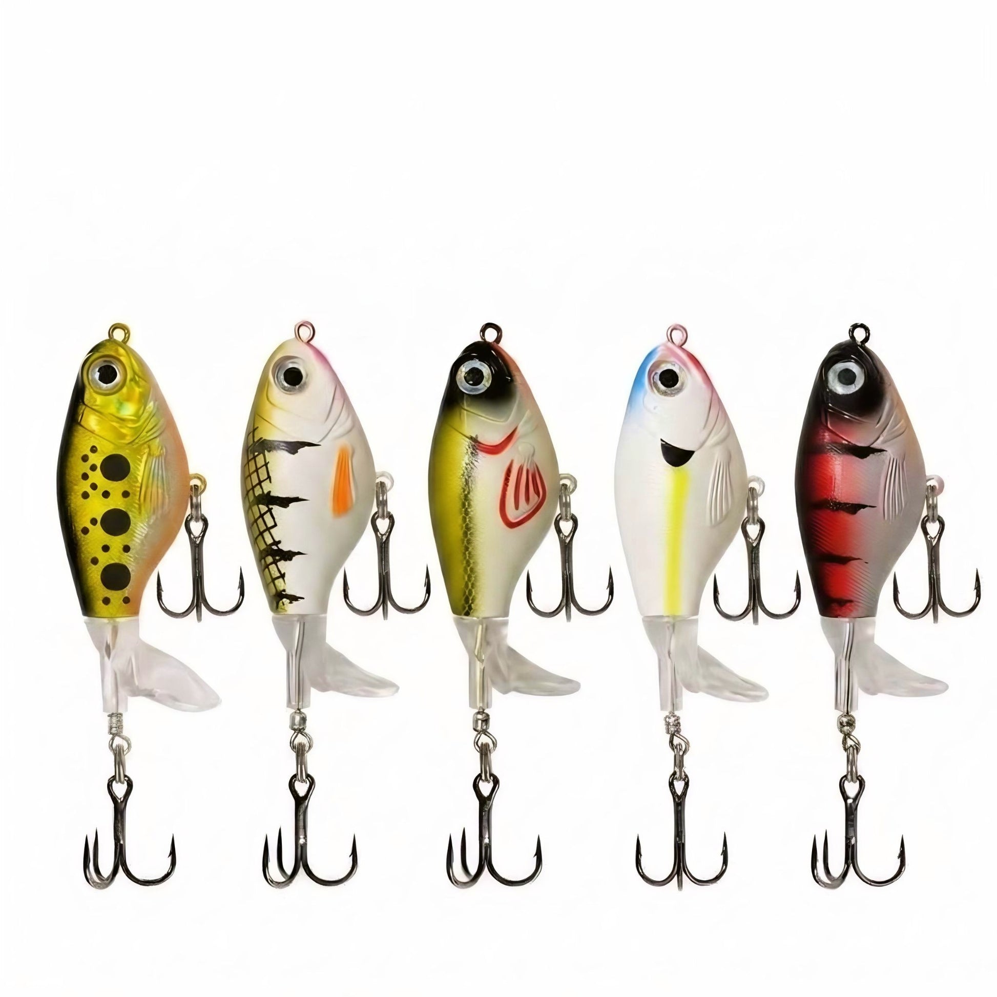 Five assorted topwater plopper fishing lures with rotating prop tails, realistic baitfish patterns, and dual treble hooks, designed for aggressive bass and pike strikes.