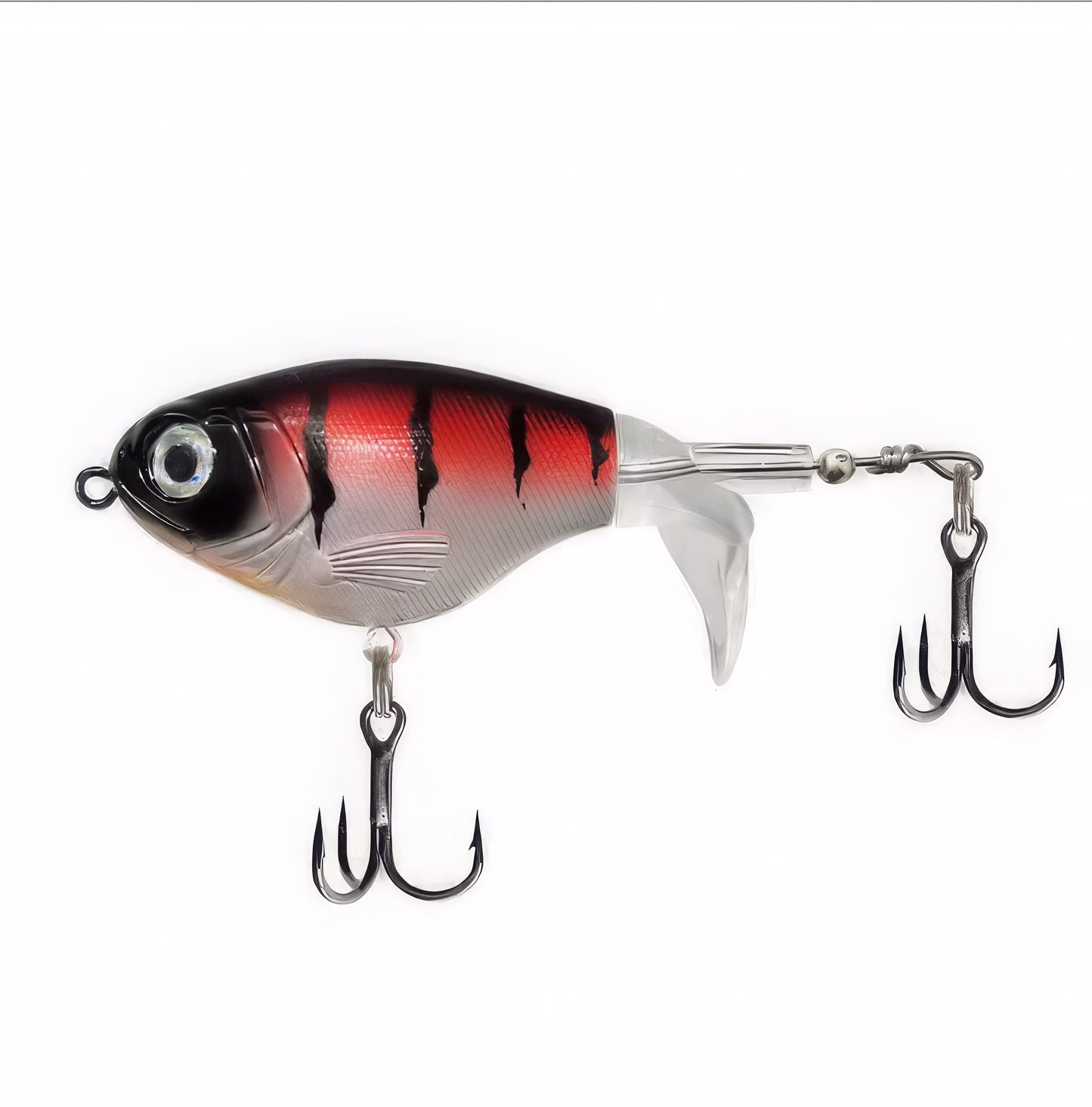 Norte Outdoors topwater plopper fishing lure in a "Red Tiger" pattern with black vertical stripes, a silver belly, and a clear rotating prop tail with dual treble hooks.