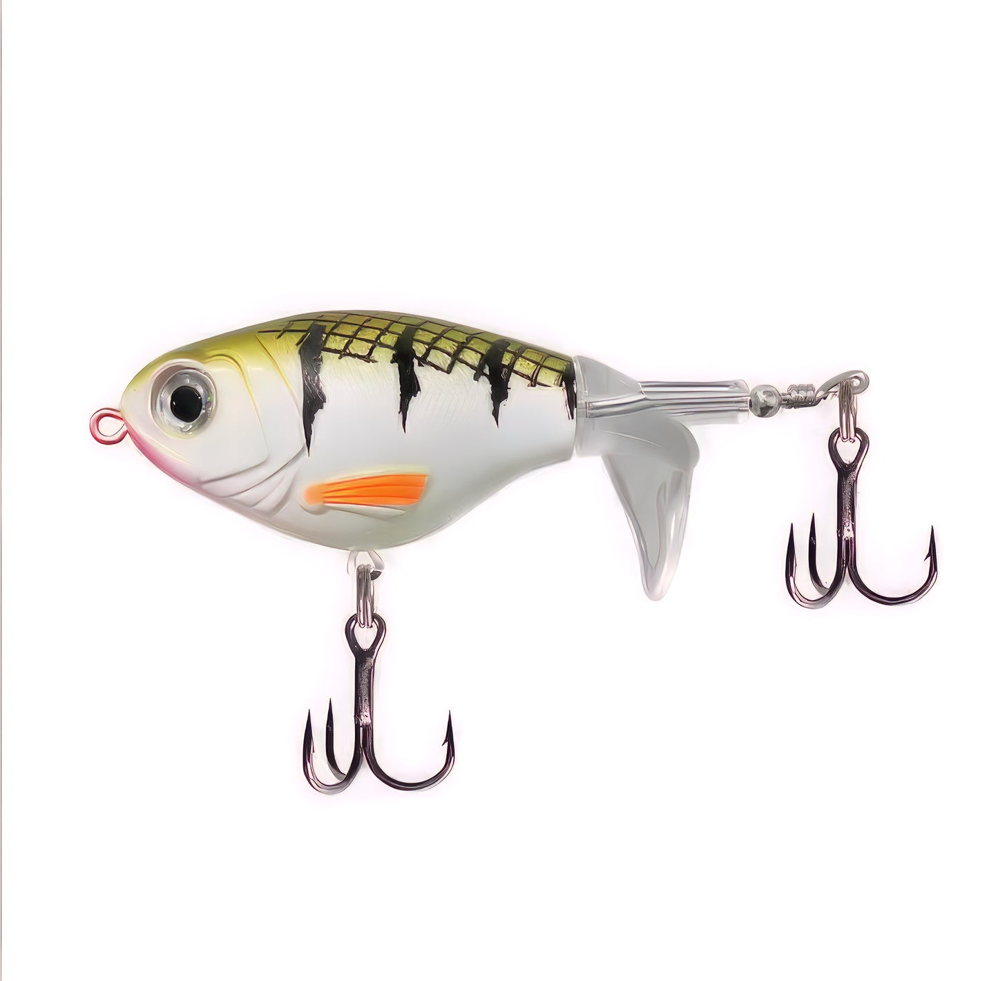 Norte Outdoors topwater plopper fishing lure with a yellow perch pattern, featuring a white belly, orange fin detail, and a clear rotating prop tail with dual treble hooks.
