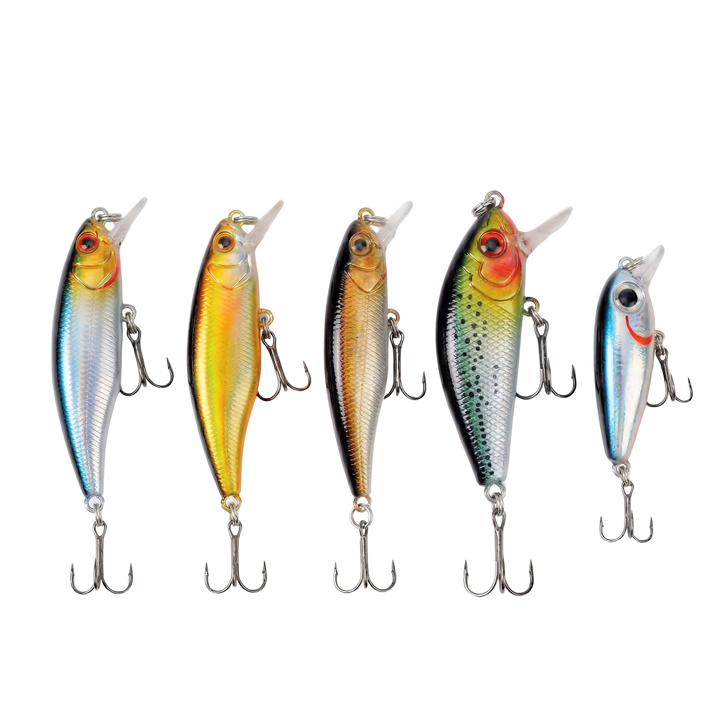 Five assorted Norte Outdoors minnow-style jerkbait lures in various sizes and baitfish patterns, featuring slender bodies, short diving lips, and sharp treble hooks.