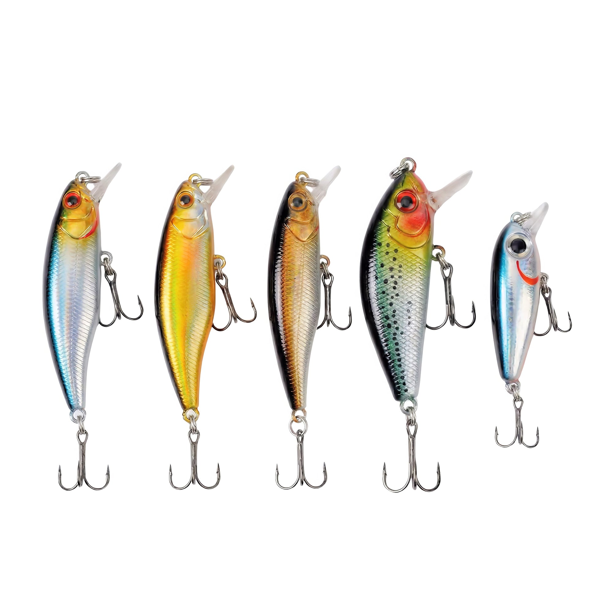 Five assorted Norte Outdoors minnow-style jerkbait lures in various sizes and baitfish patterns, featuring slender bodies, short diving lips, and sharp treble hooks.