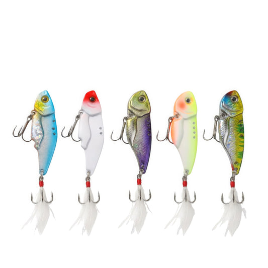 Set of five Norte Outdoors blade bait fishing lures in assorted colors, featuring lipless vibrating bodies, top-line tie points, and white feathered rear treble hooks.