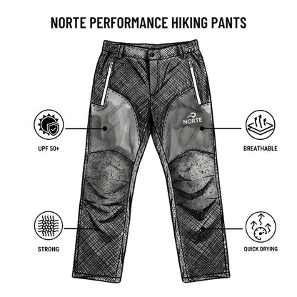 Infographic of Norte performance hiking pants for men, highlighting technical features including UPF 50+ sun protection, breathable fabric, high-strength durability, and quick-drying material."