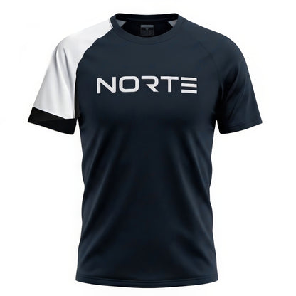 Men's performance short-sleeve t-shirt in midnight black with a contrasting arctic white raglan-style sleeve and white "NORTE" chest branding.