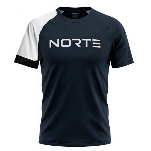 Men's performance short-sleeve t-shirt in midnight black with a contrasting arctic white raglan-style sleeve and white "NORTE" chest branding.