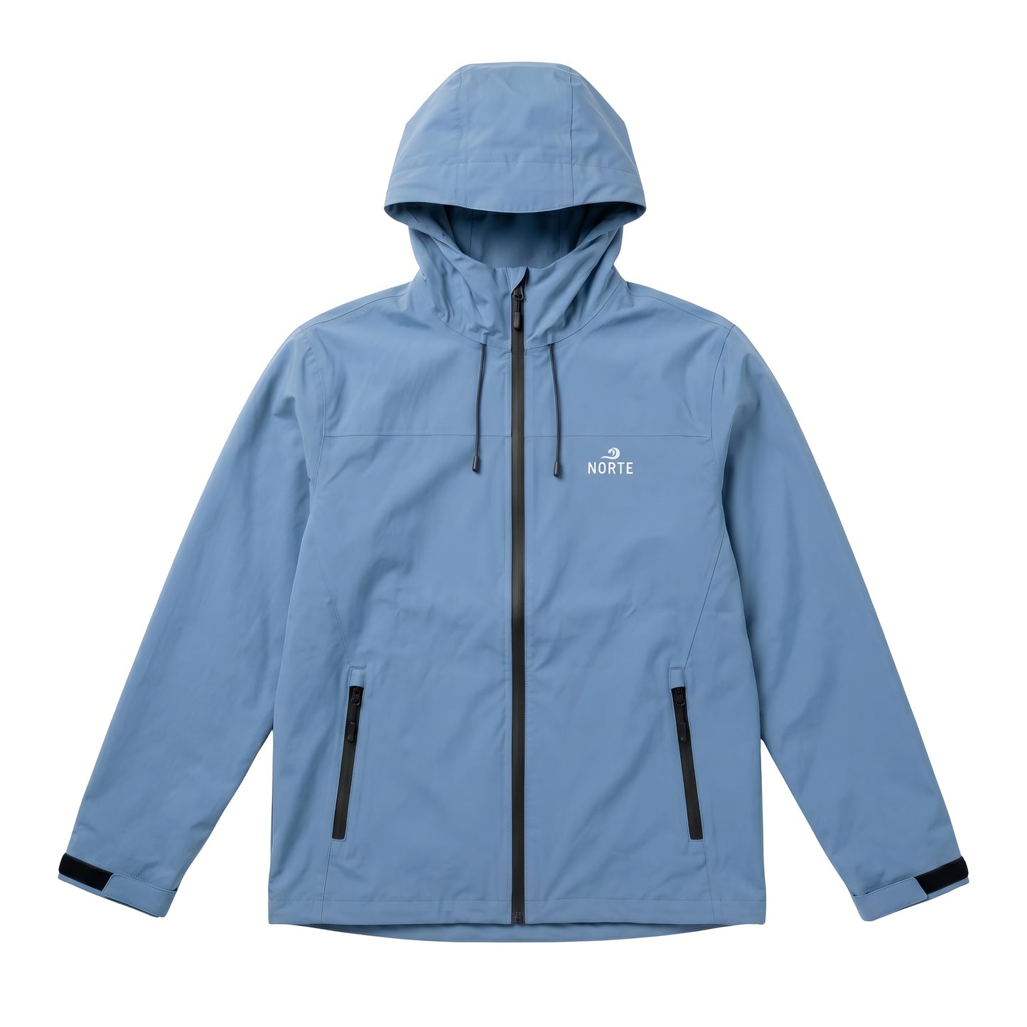 Flat lay of a light blue Norte technical hooded jacket with a black zipper and adjustable cuffs on a solid white background.