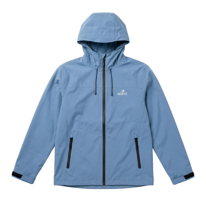 Flat lay of a light blue Norte technical hooded jacket with a black zipper and adjustable cuffs on a solid white background.