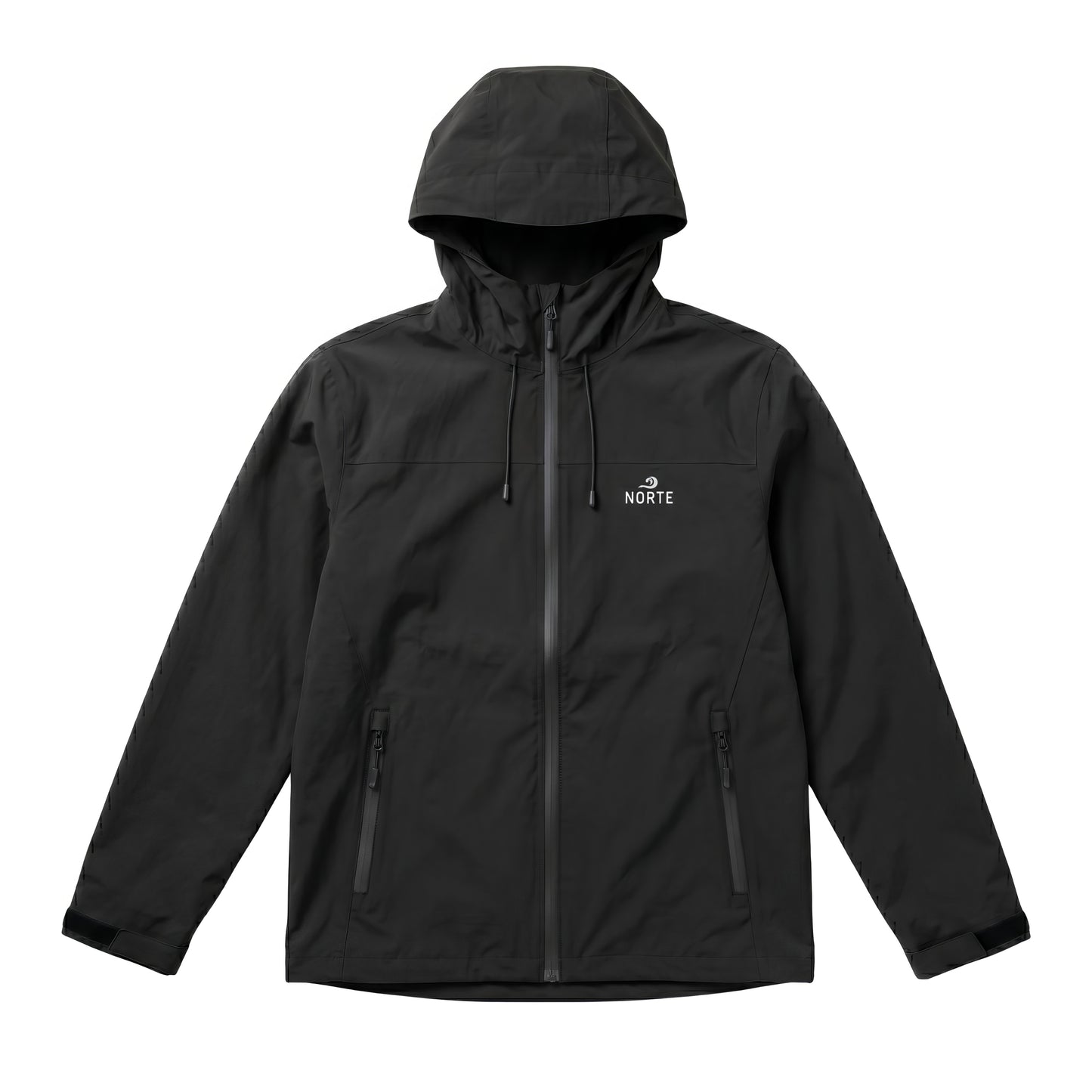 Flat lay of a black Norte technical hooded jacket with a matching black zipper and adjustable cuffs on a solid white background.