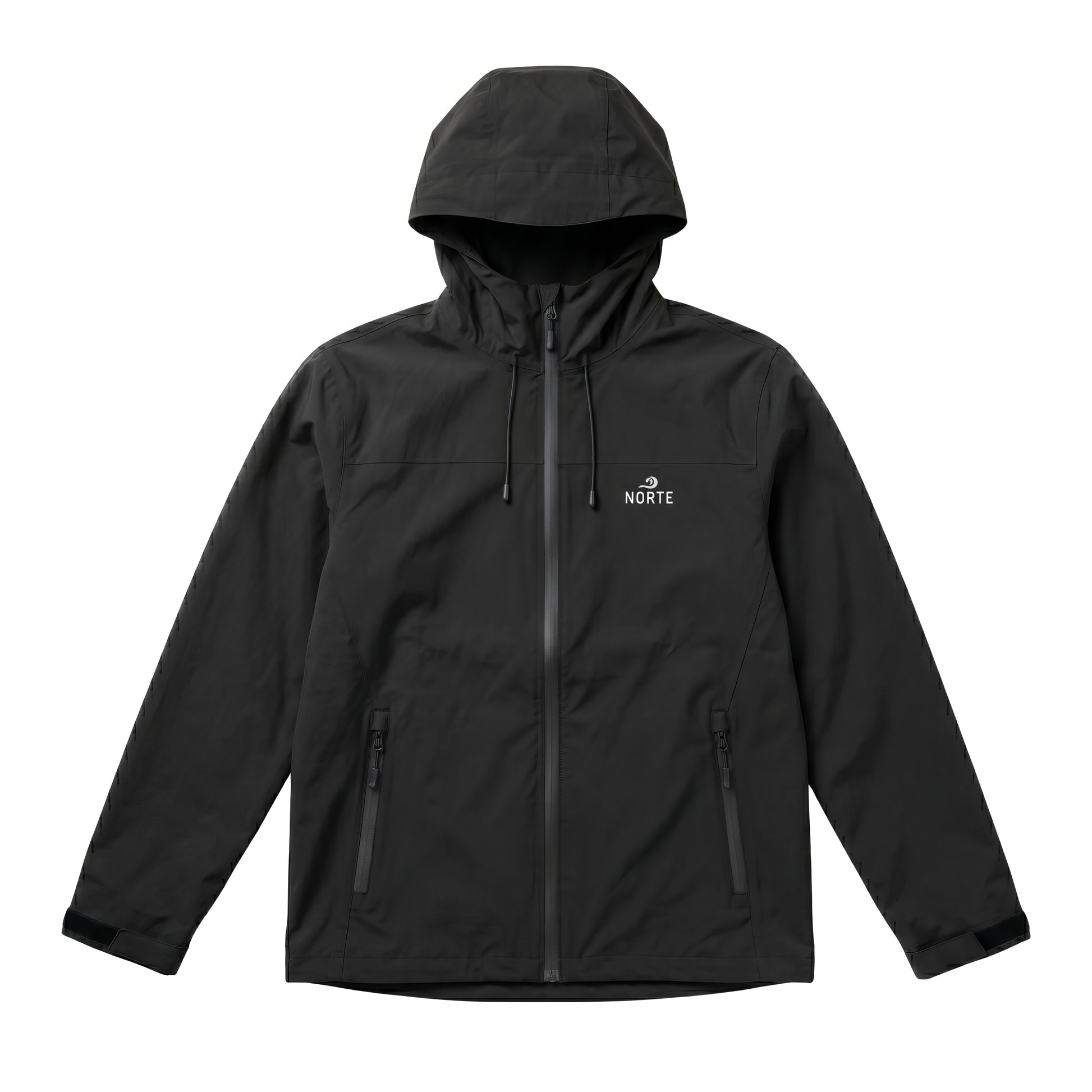 Flat lay of a black Norte technical hooded jacket with a matching black zipper and adjustable cuffs on a solid white background.