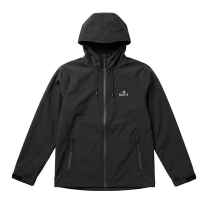 Flat lay of a black Norte technical hooded jacket with a matching black zipper and adjustable cuffs on a solid white background.