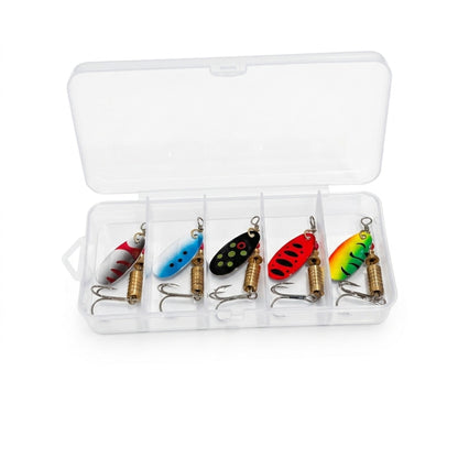 Norte Premium 5-Piece Inline Spinner Lure Set in clear protective tackle box