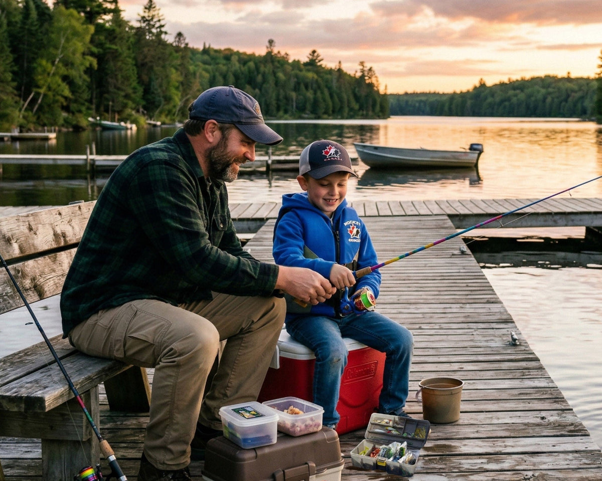 Man and child fishing on a dock at sunset