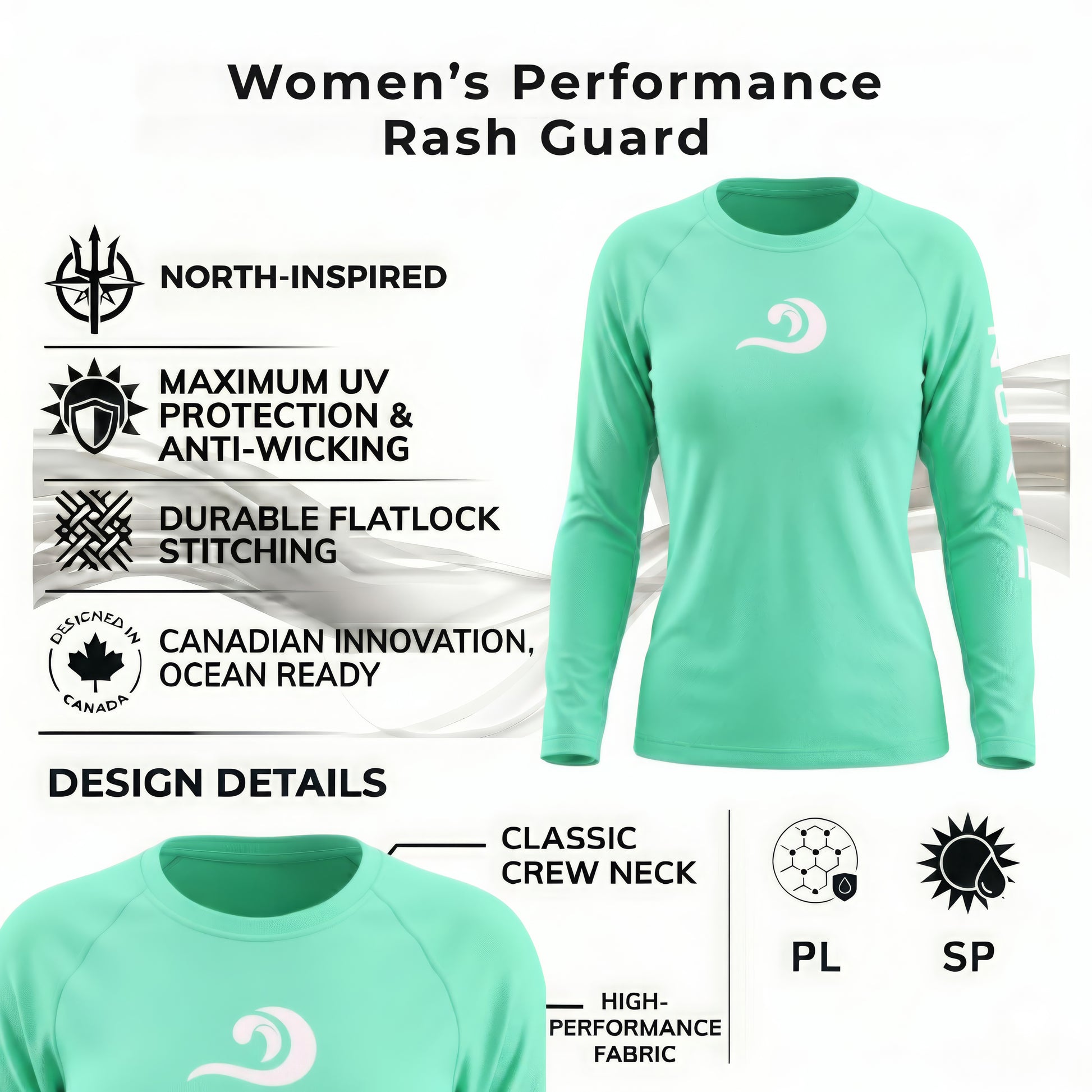 Infographic for a mint green women's performance rash guard highlighting features: North-inspired design, UV protection, anti-wicking fabric, durable flatlock stitching, and classic crew neck.