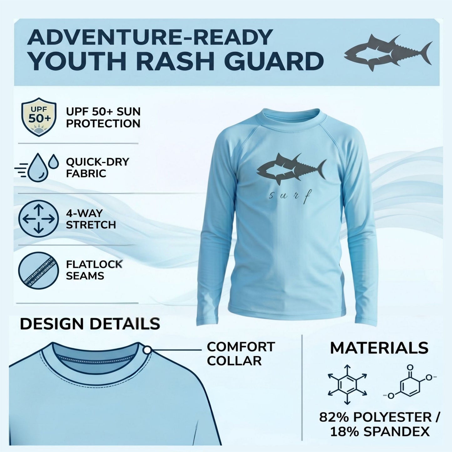 Norte Youth Rash Guard infographic showing UPF 50+ protection, quick-dry fabric, 4-way stretch, and flatlock seams.