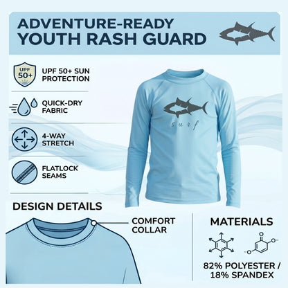 Norte Youth Rash Guard infographic showing UPF 50+ protection, quick-dry fabric, 4-way stretch, and flatlock seams.