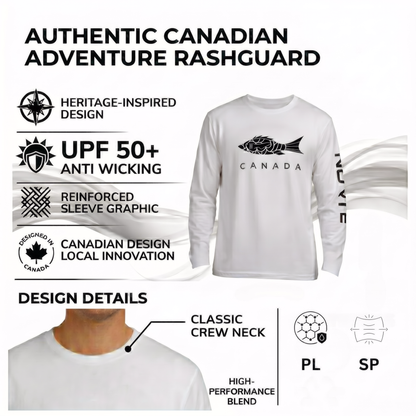 Youth infographic for Norte Authentic Canadian Adventure Rashguard in white. Features UPF 50+ sun protection, anti-wicking performance fabric, and heritage fish graphics. Designed for kids with a classic crew neck and durable polyester-lycra blend.