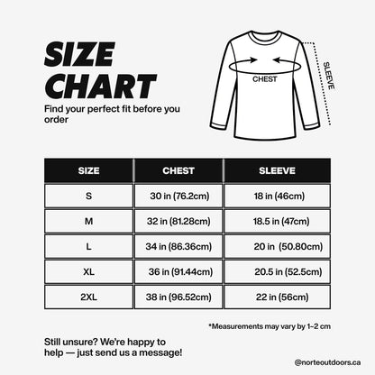 Size chart for youth apparel showing chest and sleeve measurements in both inches and centimeters for sizes Small through 2XL.
