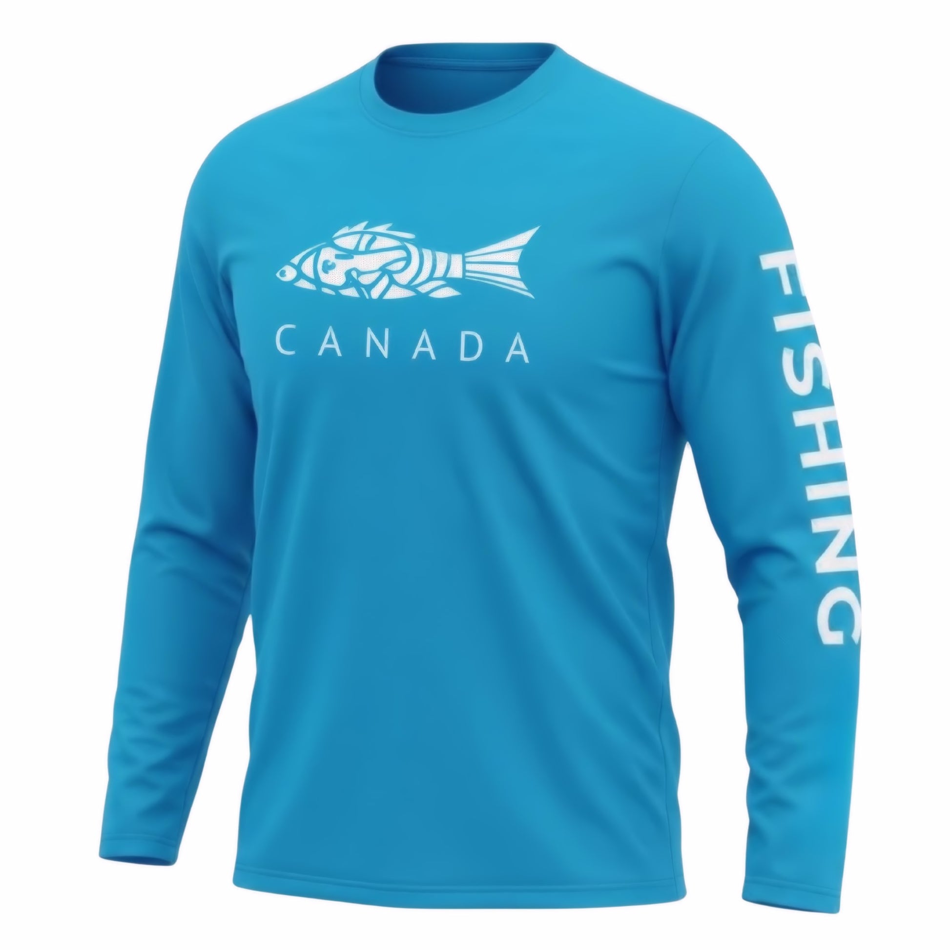 A bright blue men's long-sleeve performance fishing shirt mockup with a white fish graphic and "CANADA" text on the chest, and "FISHING" printed vertically down the left sleeve.
