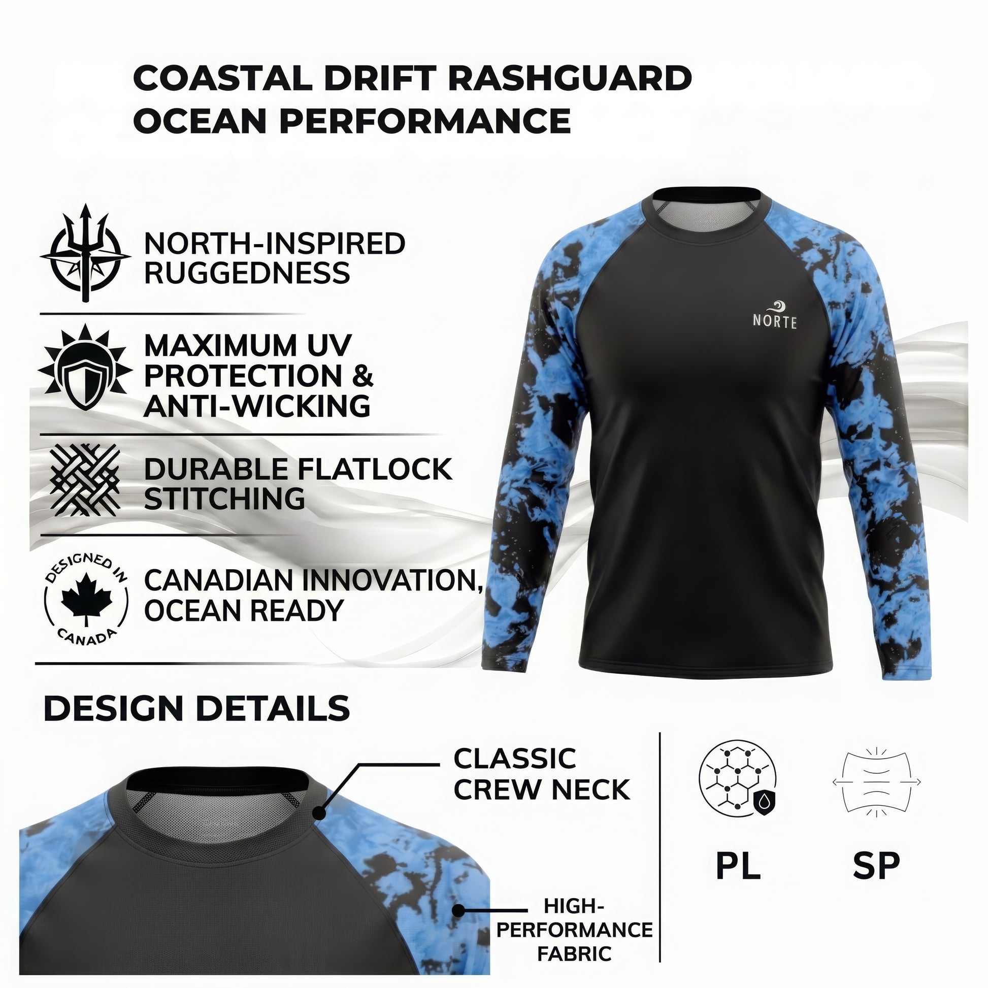 Norte Coastal Drift long-sleeve rashguard in blue and black with UV protection, anti-wicking fabric, and durable flatlock stitching.