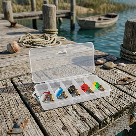 A clear plastic tackle box containing five colorful inline spinner baits sitting on a weathered wooden dock with a small boat in the background.
