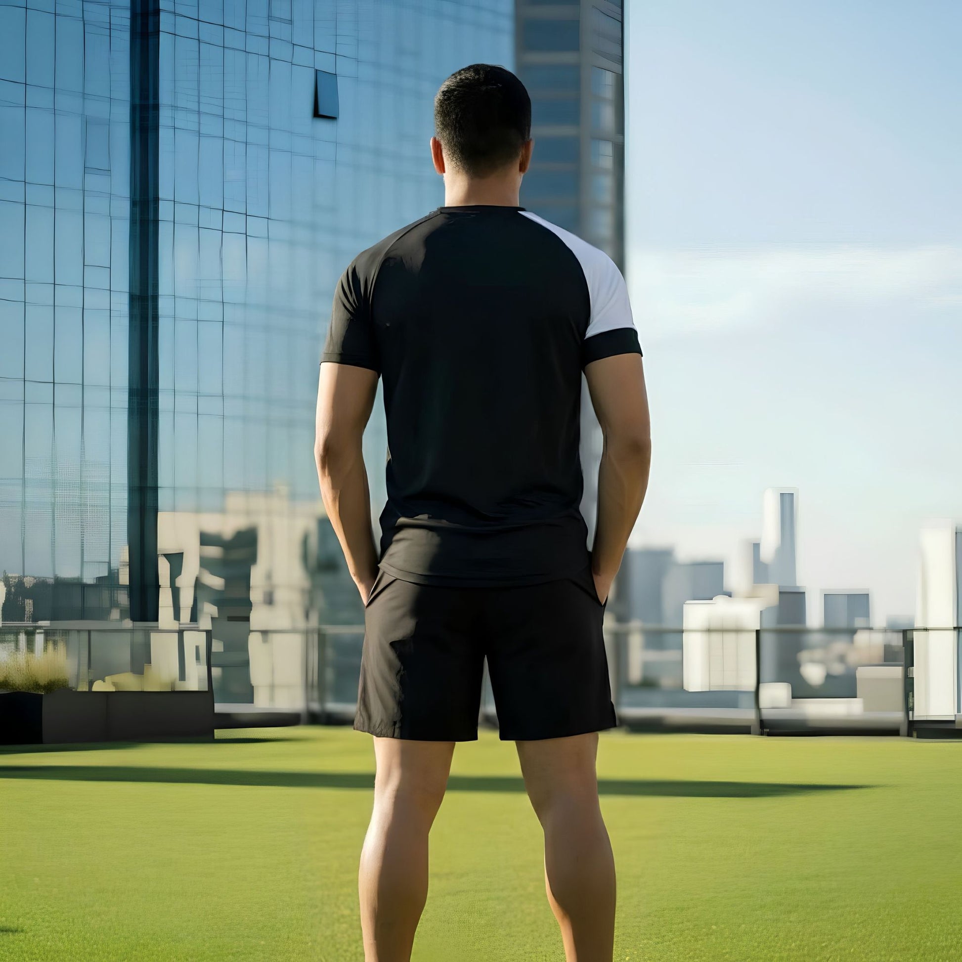 Rear view of a model wearing a Norte branded black short-sleeve athletic t-shirt with a white sleeve and black shorts on a rooftop terrace.