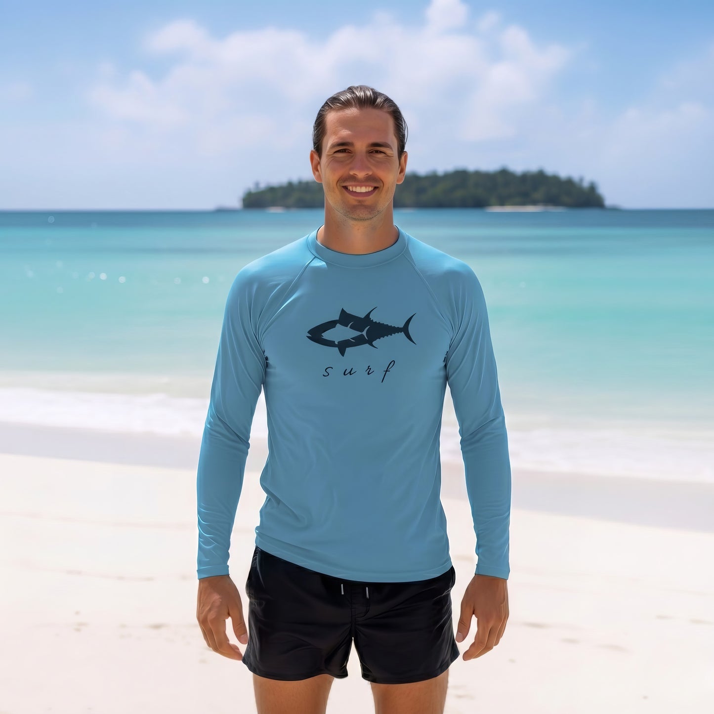 Man wearing a light blue long-sleeve Norte performance shirt with a fish graphic and 'surf' text on a tropical beach.