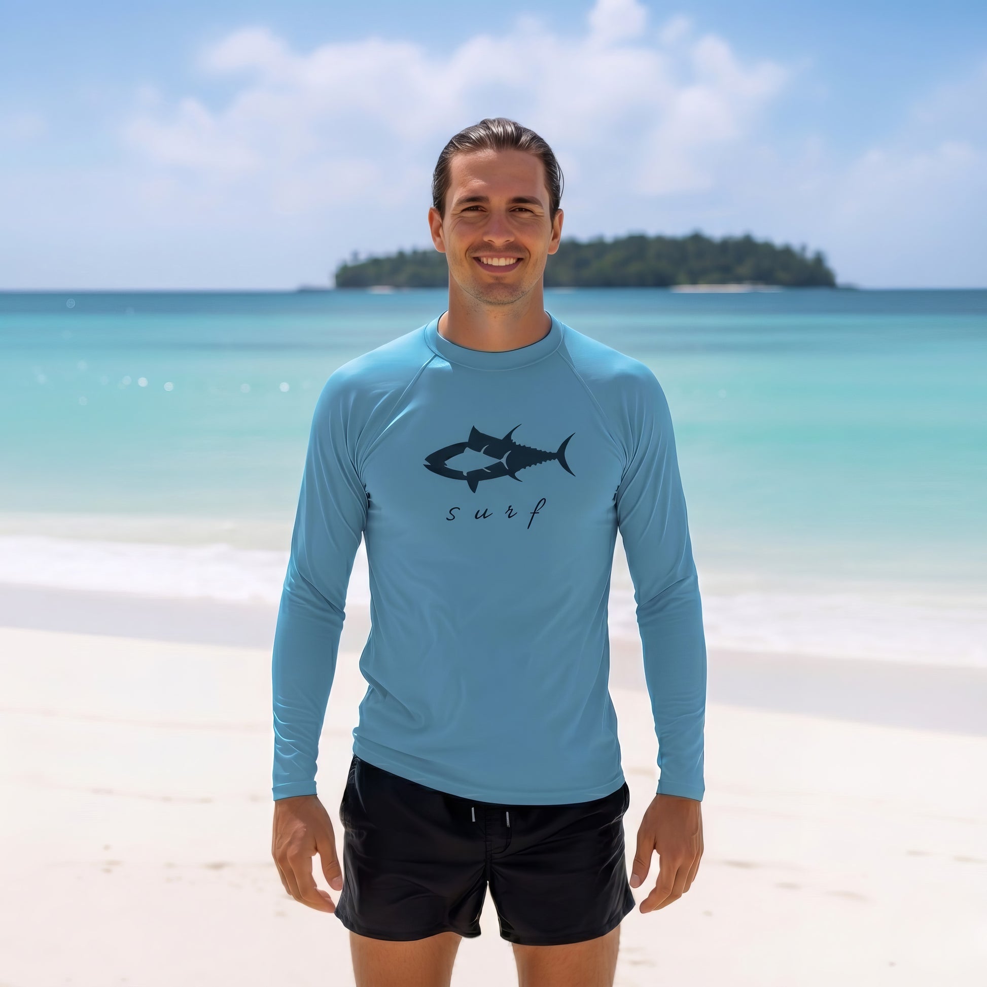 Man wearing a light blue long-sleeve Norte performance shirt with a fish graphic and 'surf' text on a tropical beach.