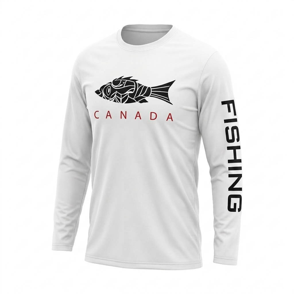 A 3D product mockup of a men's white long-sleeve performance fishing shirt shown from a three-quarter angle against a solid white background. The shirt features a black geometric fish graphic on the chest with the word "CANADA" printed below it in red letters, and the word "FISHING" printed vertically in bold black letters down the left sleeve.