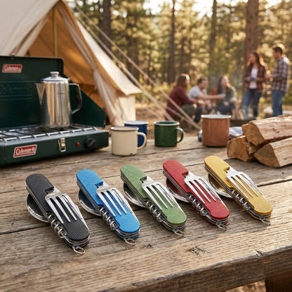 Five colorful 6-in-1 detachable camping utensil multi-tools displayed on a wooden picnic table at a campsite with a tent and camp stove.