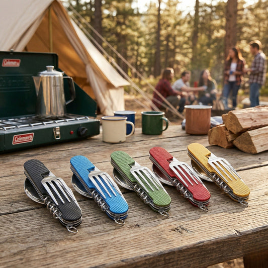 Five colorful 6-in-1 detachable camping utensil multi-tools displayed on a wooden picnic table at a campsite with a tent and camp stove.