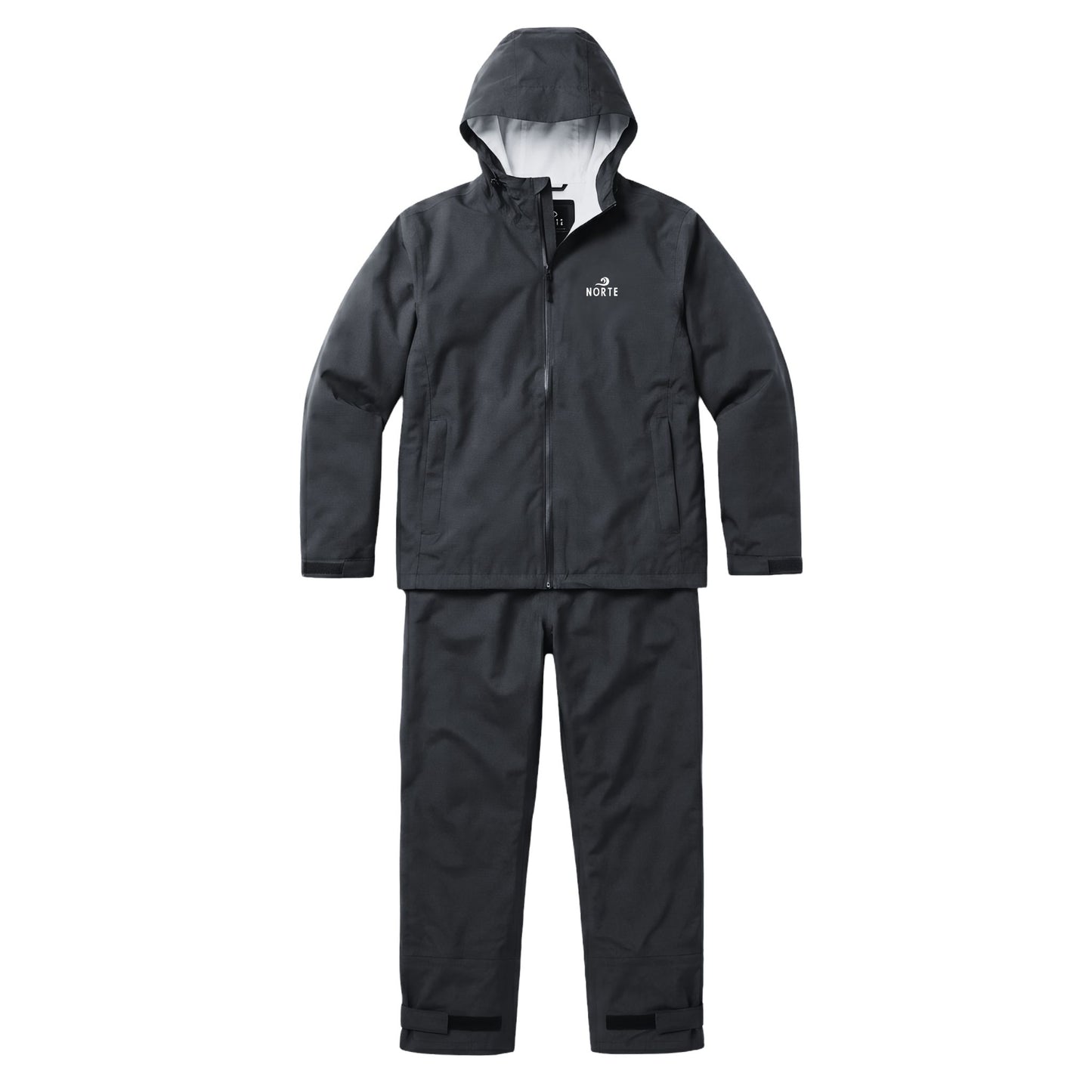 Norte All-Weather Waterproof Rain Suit in Black featuring a 0.4 mm PU knitted jacket and matching pants for professional fishing and camping.